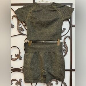 Workout Charcoal Gray Dark Olive Crop Top Shorts Set Sports Gym
